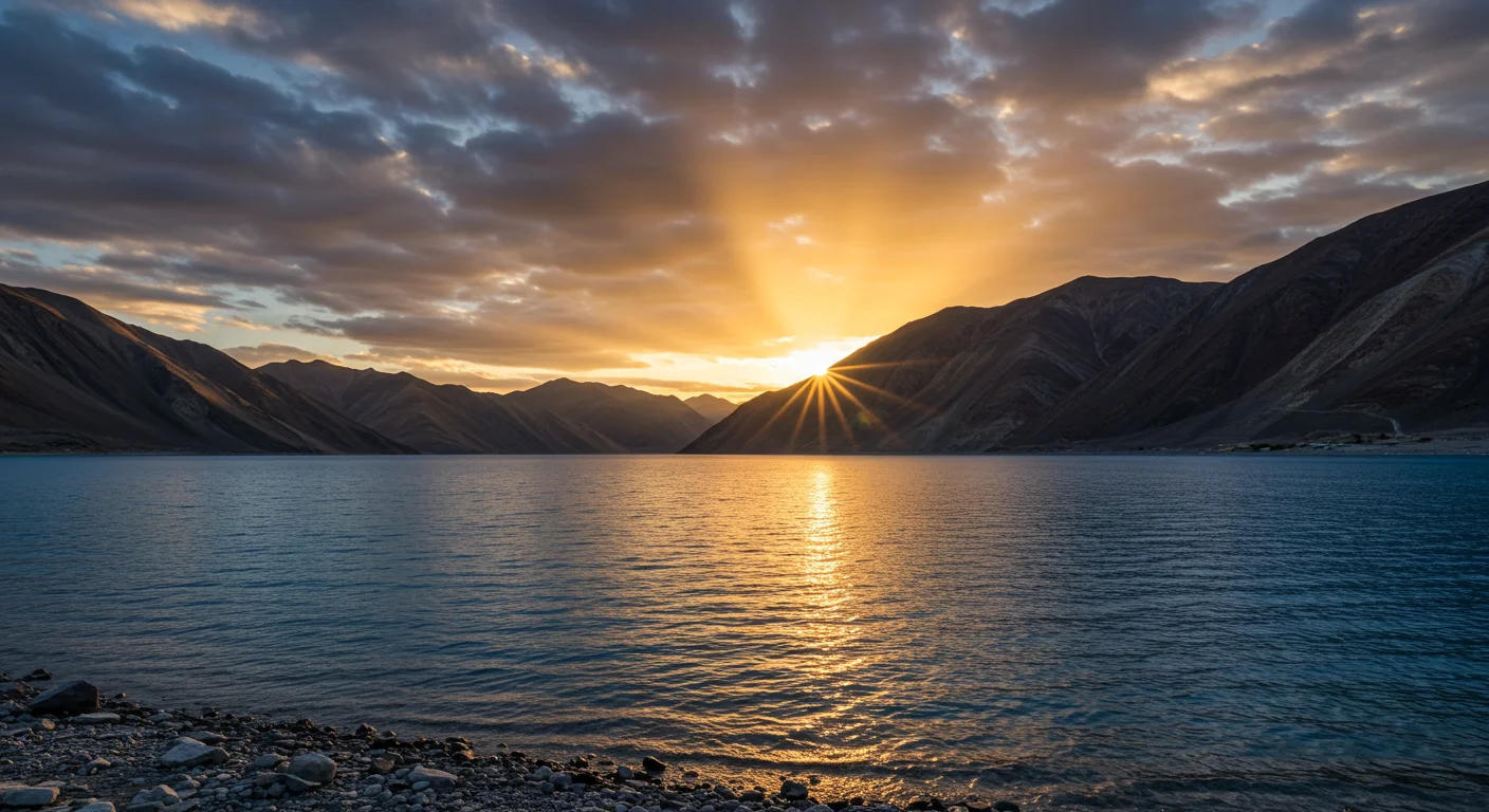 Sunset Over Mountain Lake with Golden Reflections and Dramatic Sky