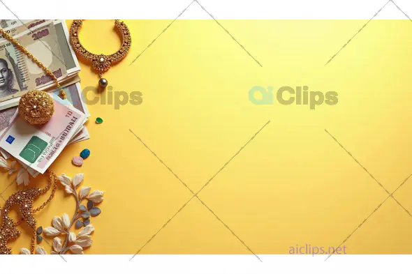 Indian Currency and Gold Jewelry on a Bright Yellow Background