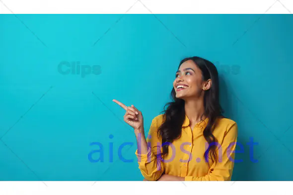 Smiling Young Woman Pointing to Side on Blue Background