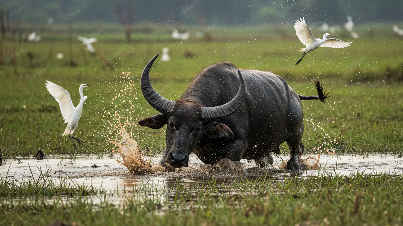 Water Buffalo Splash with Egrets