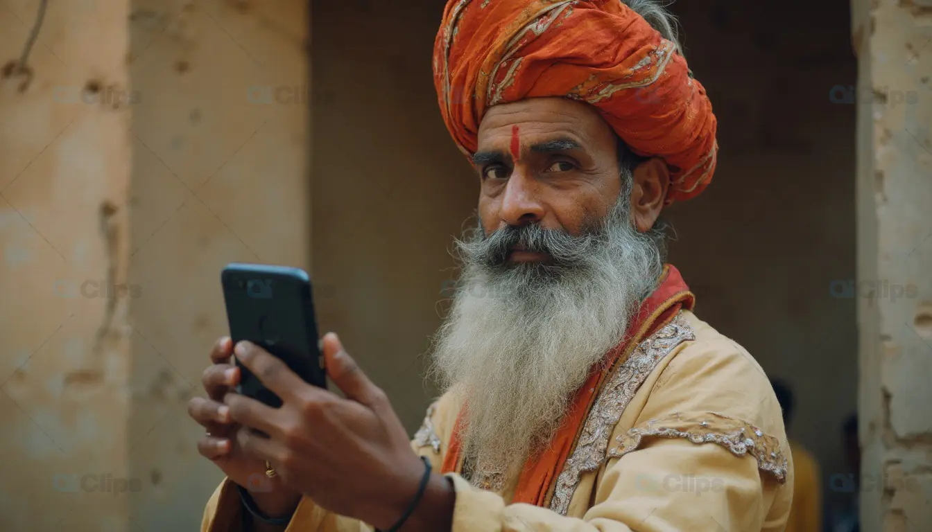 Elderly Man in Traditional Attire Using Smartphone