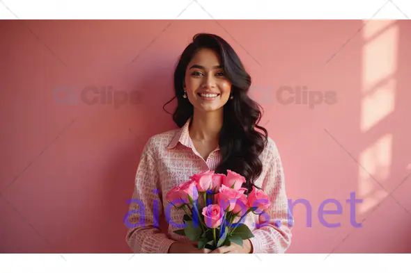 Woman Holding Pink Roses Smiling