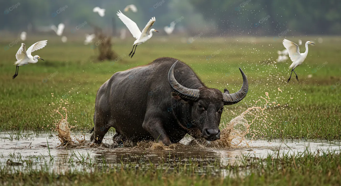Water Buffalo Stampede with Egrets