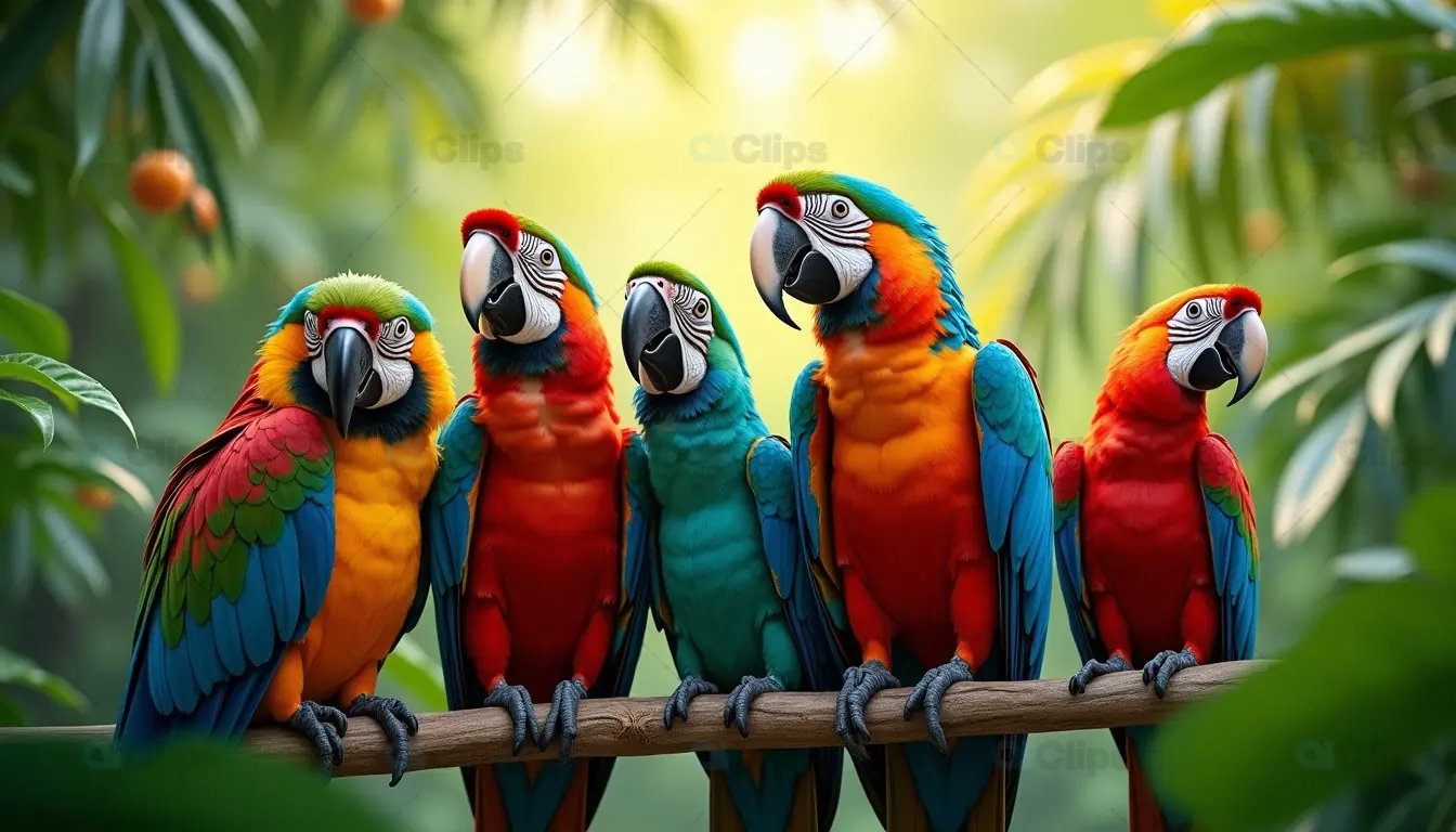 Group of Colorful Macaws Perched in a Tropical Setting