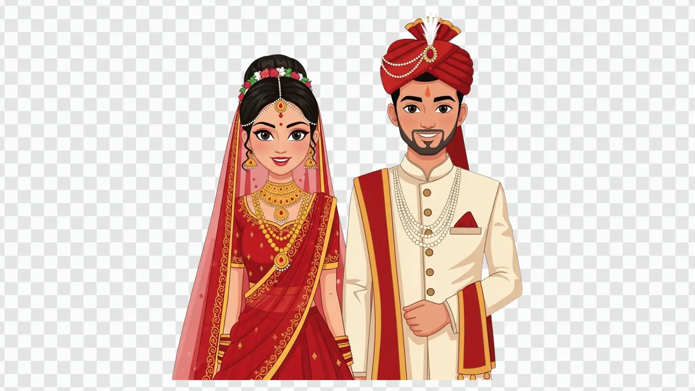 Traditional Indian Bride and Groom Wedding Illustration Clipart PNG