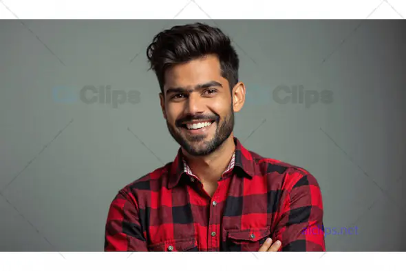 Smiling Man in Red Plaid Shirt