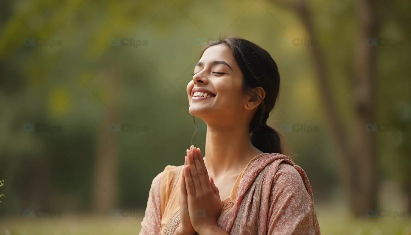 Young Woman in Namaste Pose Outdoors