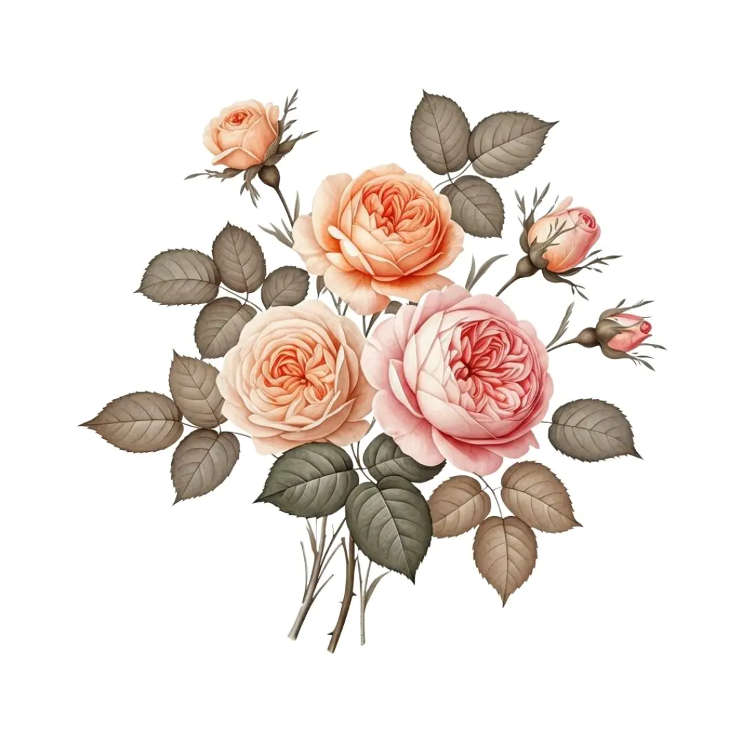 Vintage Peach Rose Bunch Botanical Illustration PNG