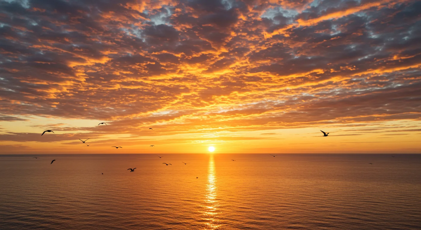 Golden Sunrise Over Calm Ocean with Birds – Nature Background