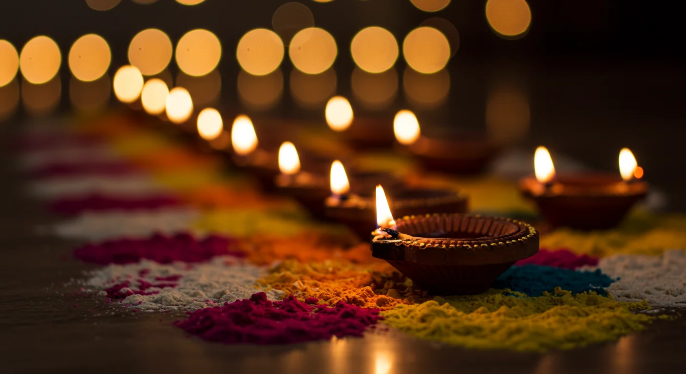 Colorful Rangoli with Diwali Diyas and Golden Bokeh Lights | AIClips Indian Festive Visual