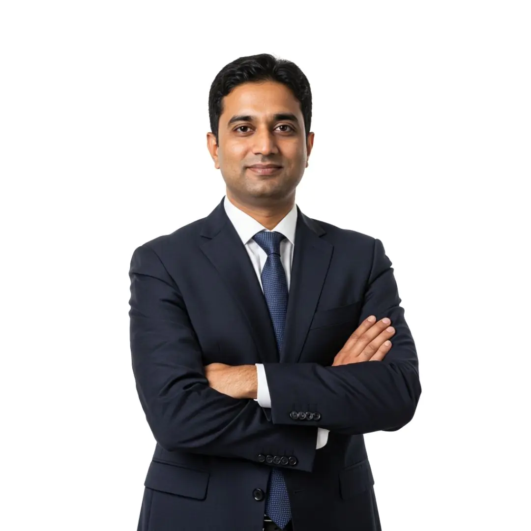 Confident South Asian Executive in Navy Suit PNG