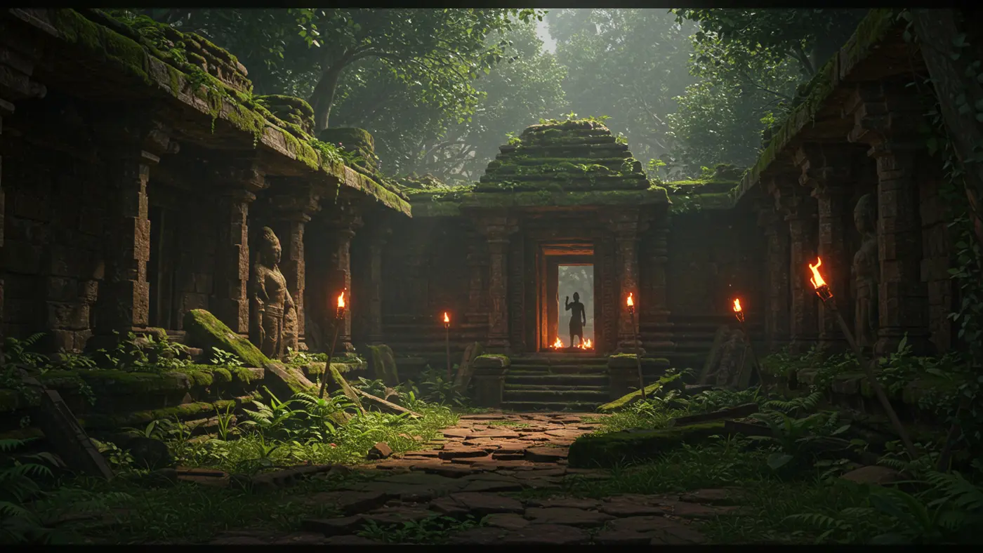 Ancient Jungle Temple Ruins with Fire Torches and Mysterious Figure