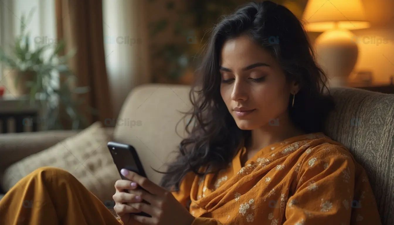 Woman Relaxing at Home Using Phone