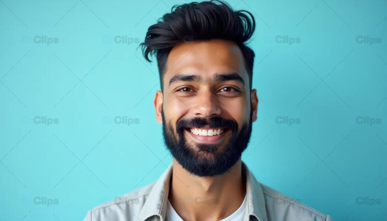 Smiling Young Man with Beard Against a Vibrant Blue Background