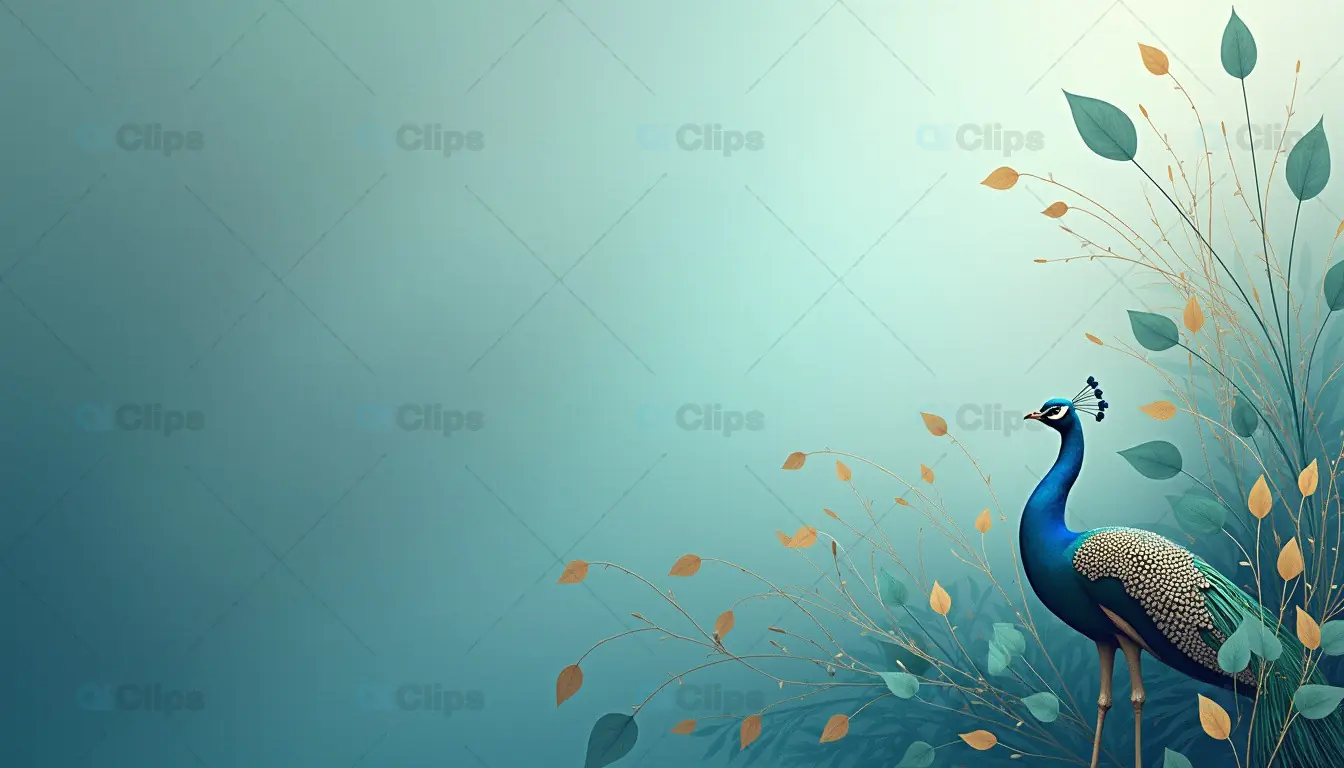 Elegant Peacock Design on Teal Background with Gold Leaves