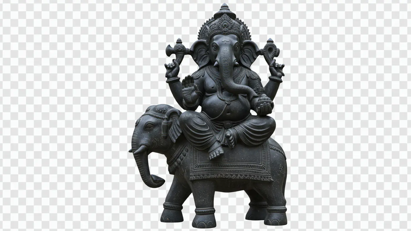 Ganesha Riding Elephant Statue Dark Stone PNG