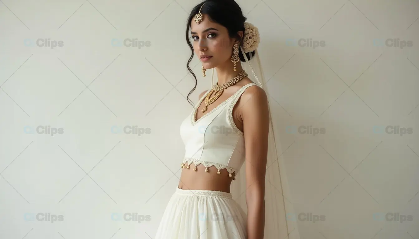 Elegant Indian Bridal in Ivory Lehenga with Traditional Jewelry