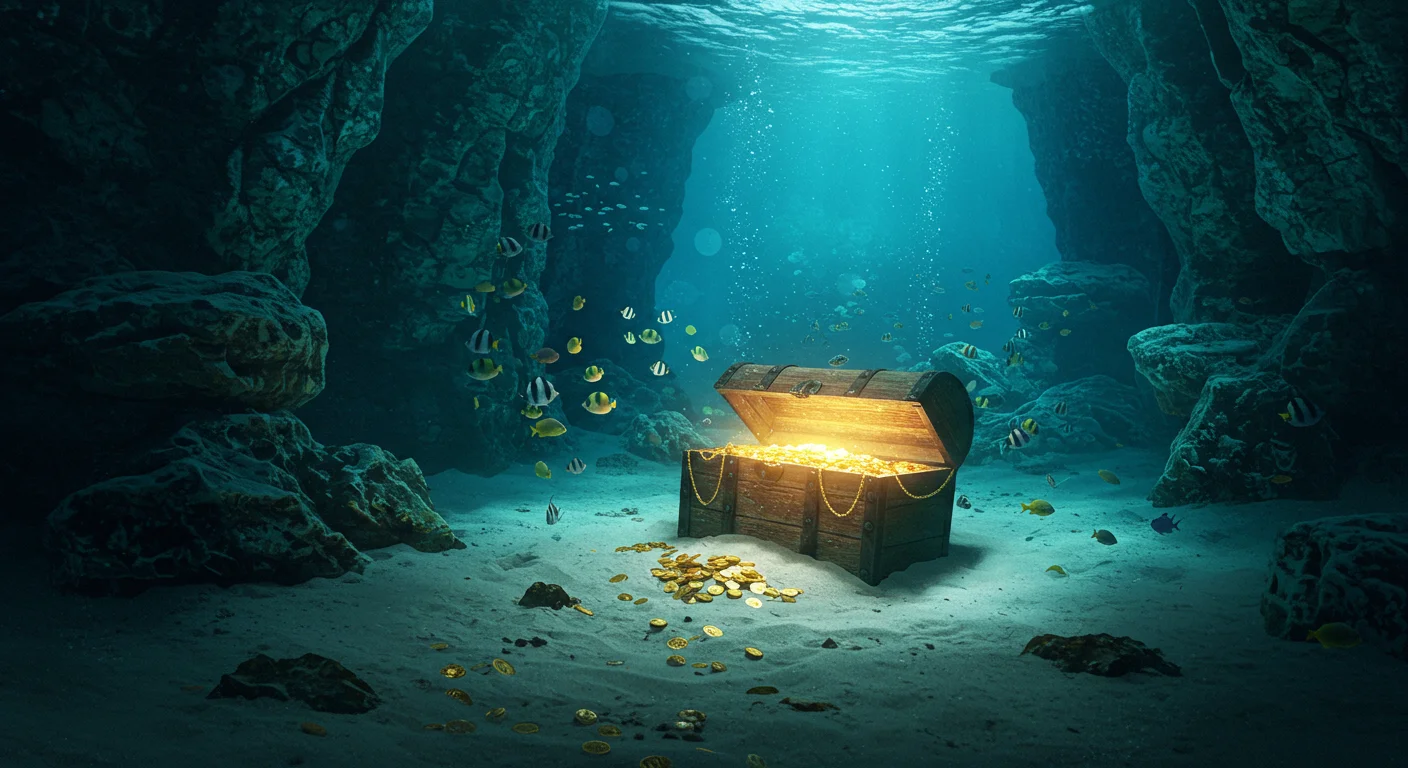Glowing Treasure Chest in Underwater Cave with Colorful Fish
