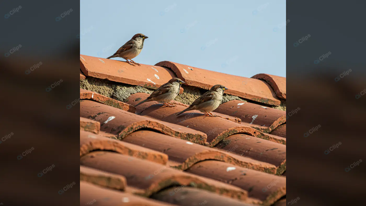 Sparrows Perched on Terracotta Tiles