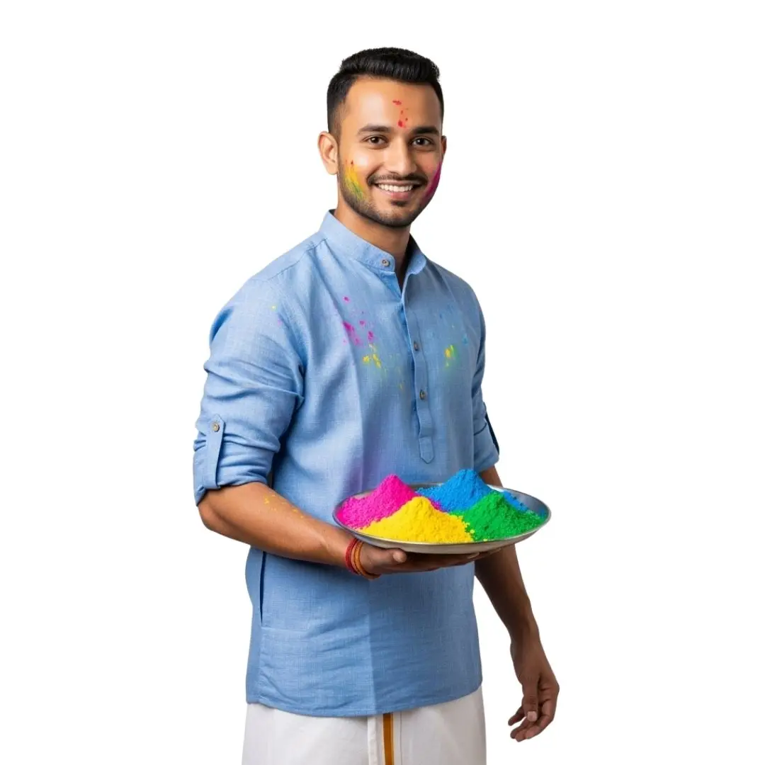 Young Indian Man Celebrating Holi with Colors Plate PNG