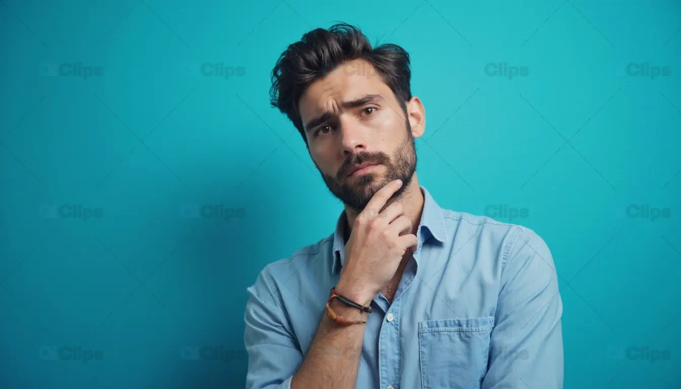 Thoughtful Man in Blue Shirt Pondering
