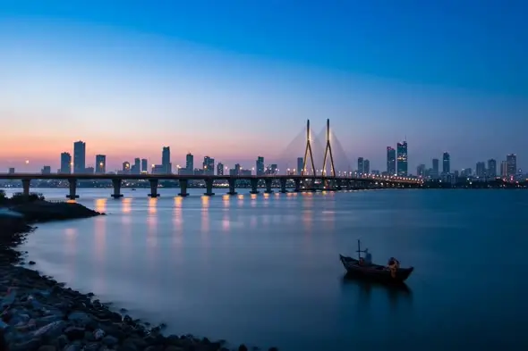 Mumbai Bandra-Worli Sea Link at Twilight with Lone Fishing Boat
