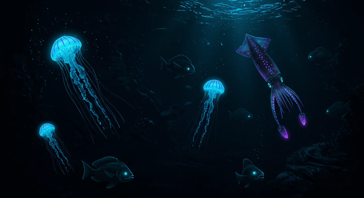 Bioluminescent Creatures Gliding Through Deep Ocean Darkness