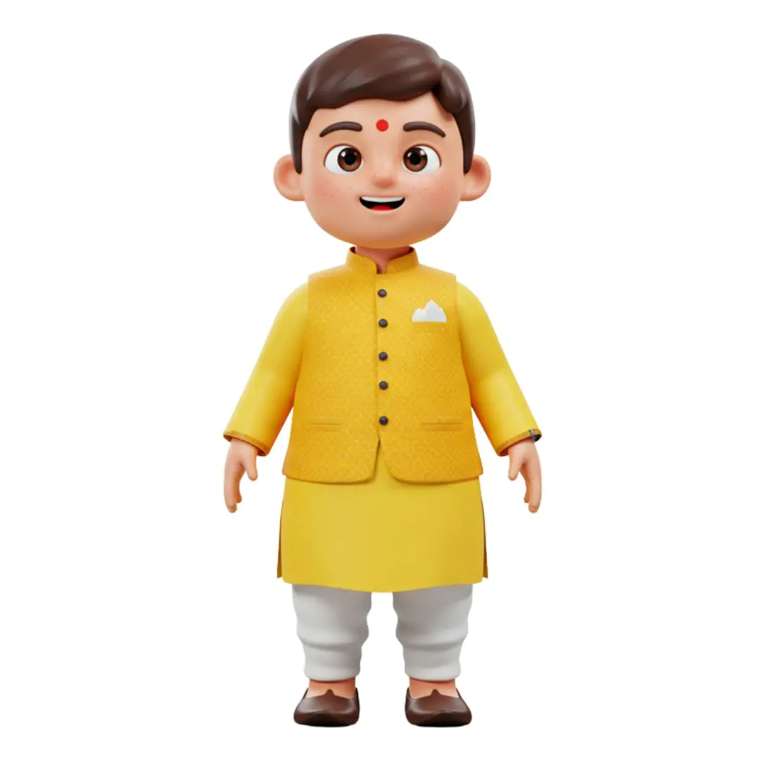 Smiling Indian boy 3D avatar yellow kurta traditional