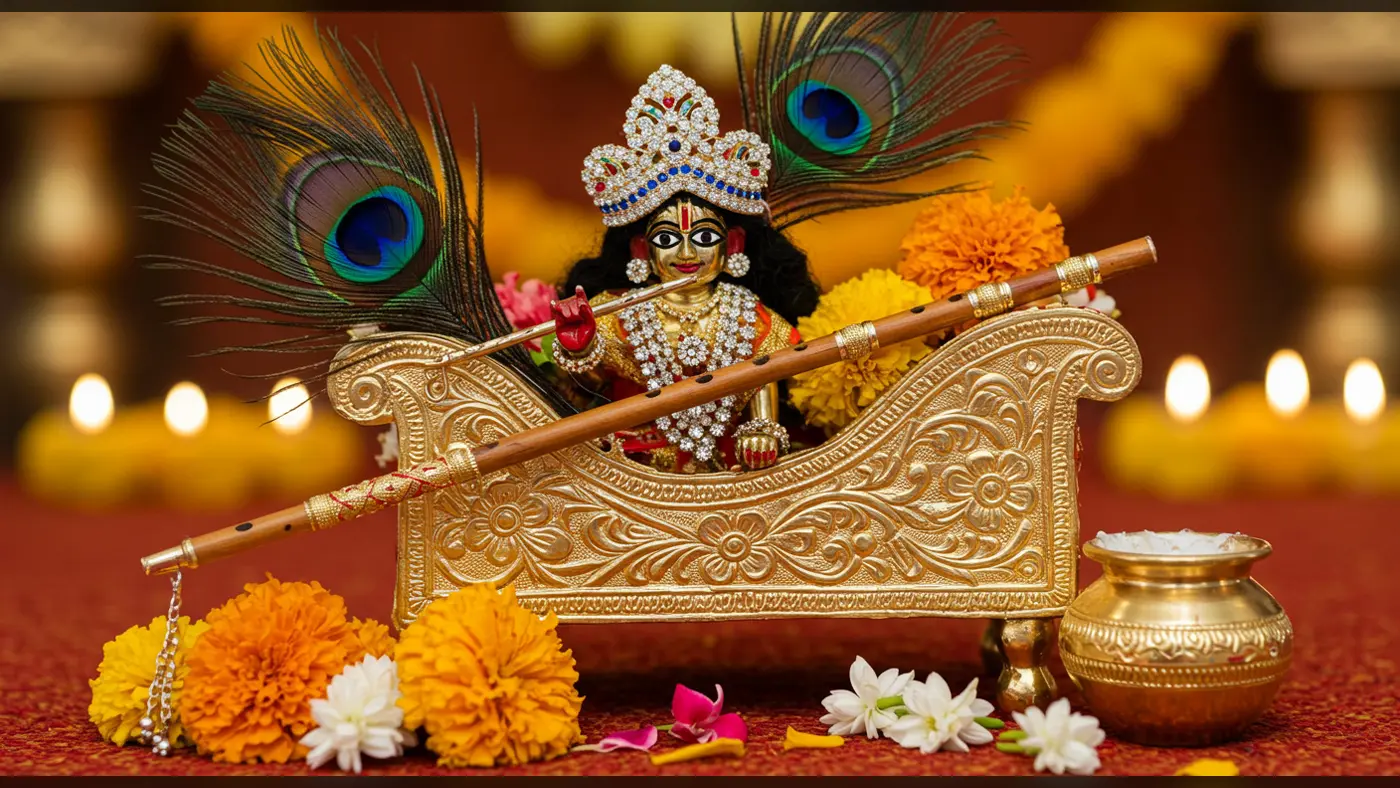 Krishna Idol on Ornate Golden Jhula with Flute & Flowers for Janmashtami | AIClips Devotional Image