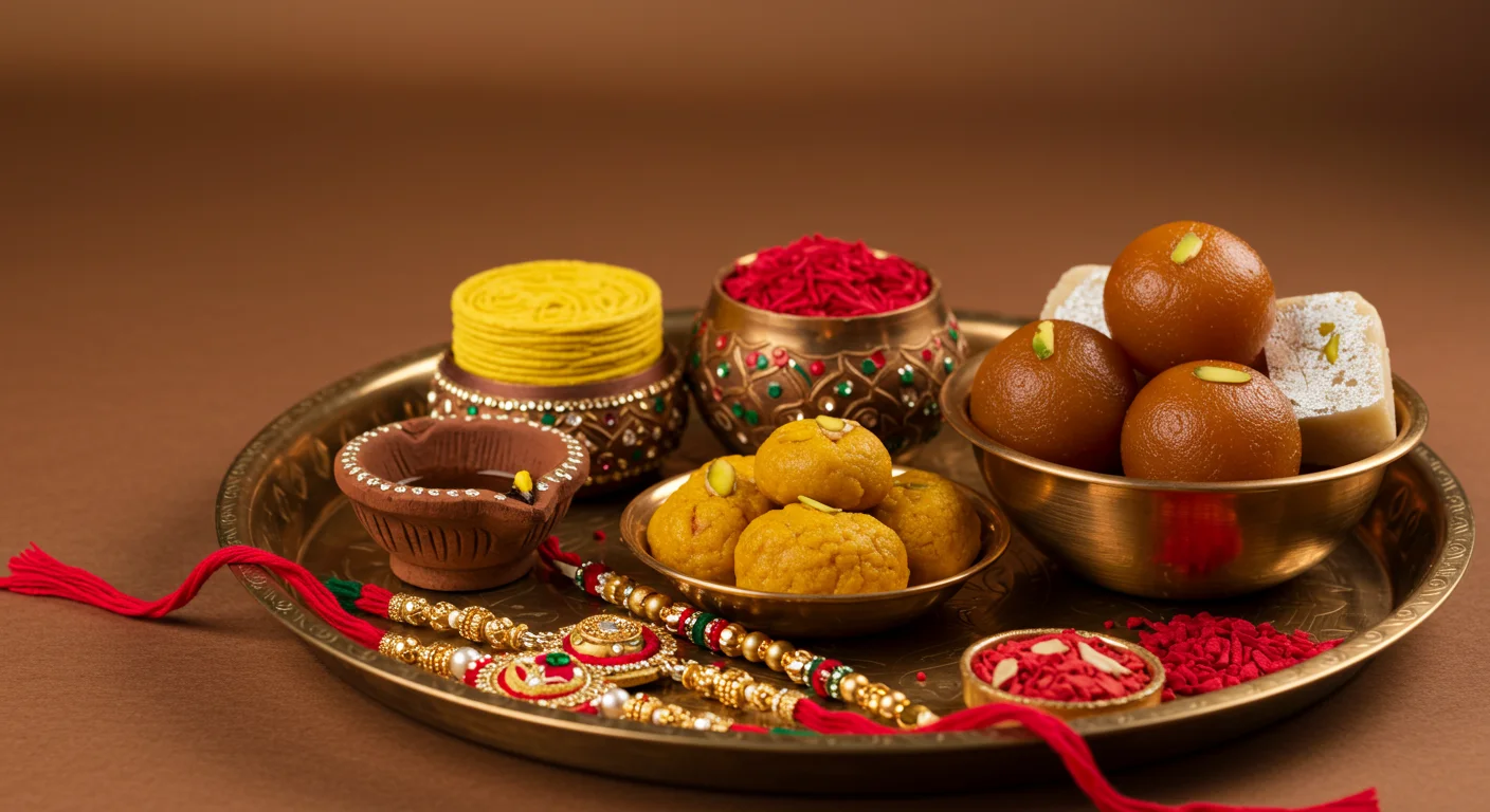 Traditional Raksha Bandhan Thali with Rakhis, Sweets & Diya | AIClips Premium Festival Photo