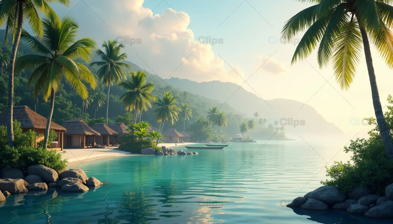 Tropical Lagoon with Palm Trees and Beach Huts