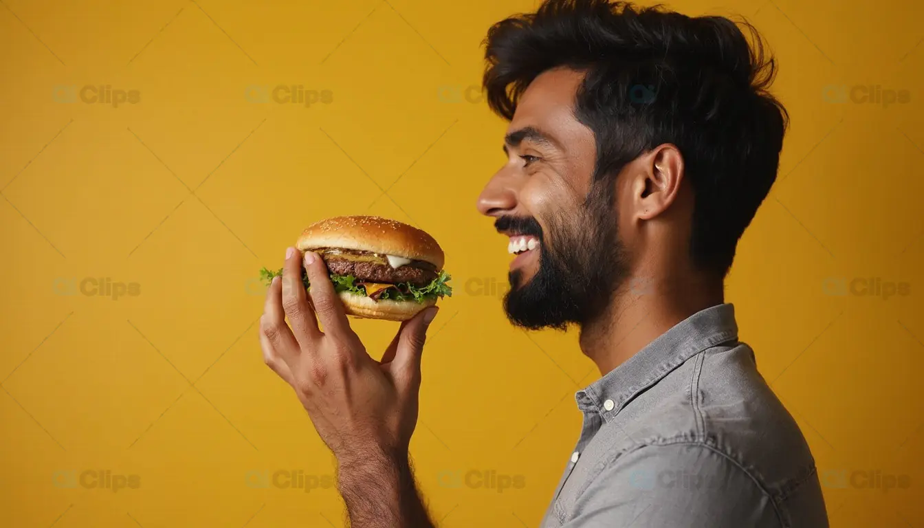 Man Smiling with Burger in Hand