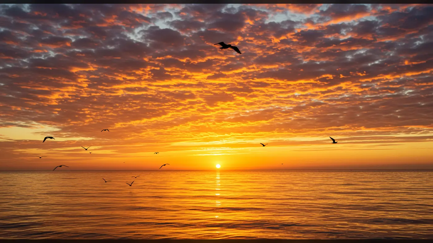 Soothing Ocean Sunrise with Birds – Peaceful Morning Sky Background