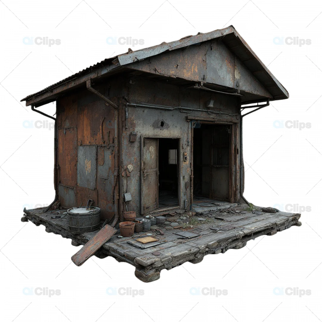 3D Abandoned Rusty Cabin with Worn Deck
