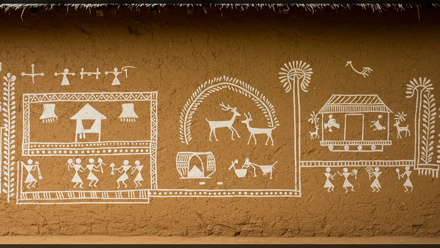 Traditional Warli Wall Mural | Indian Tribal Painting from AIClips