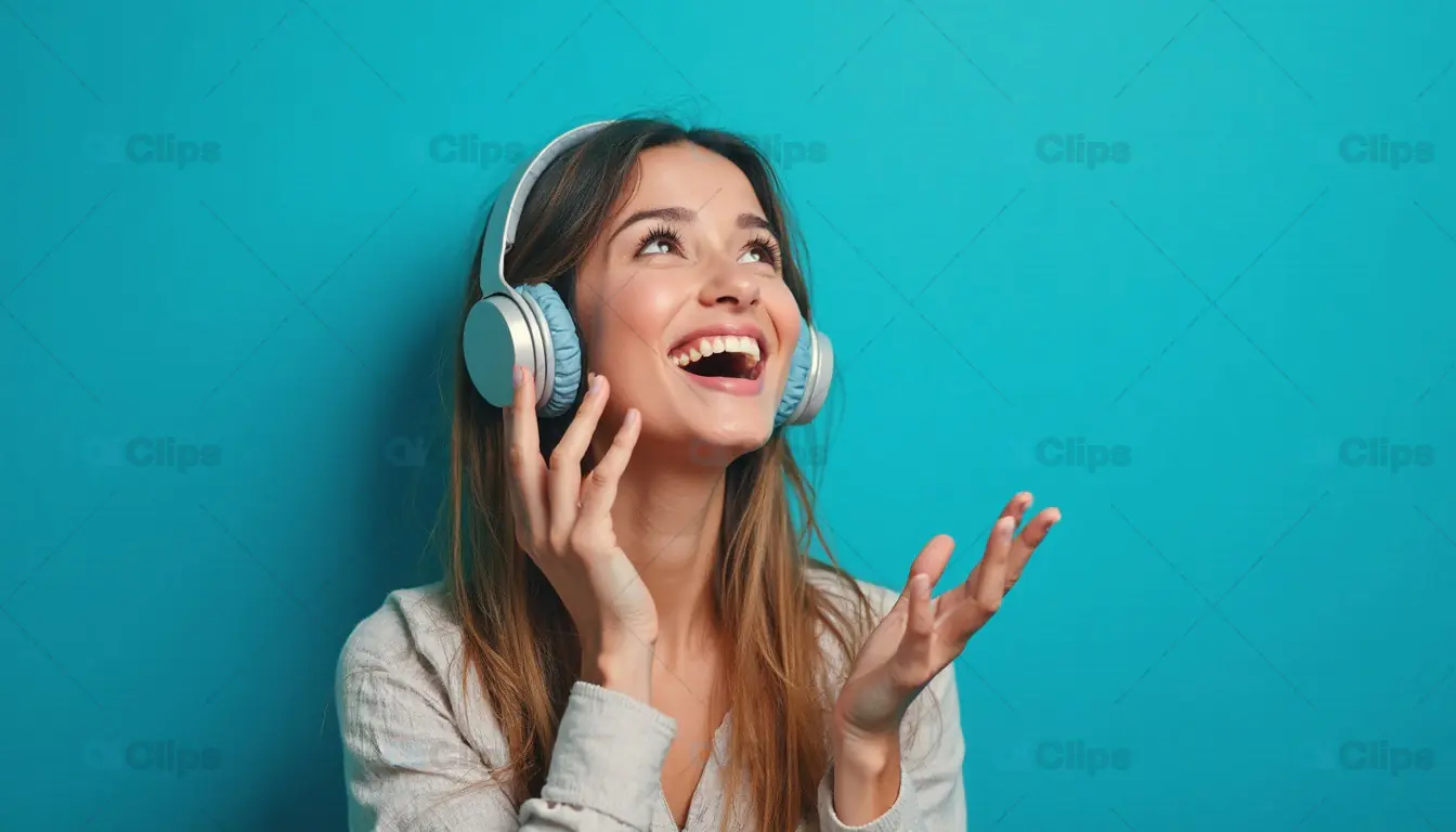 Smiling Woman Enjoying Music on Headphones