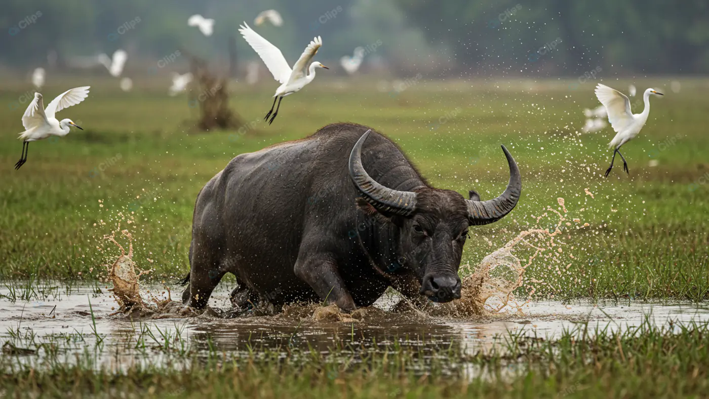 Water Buffalo Stampede with Egrets