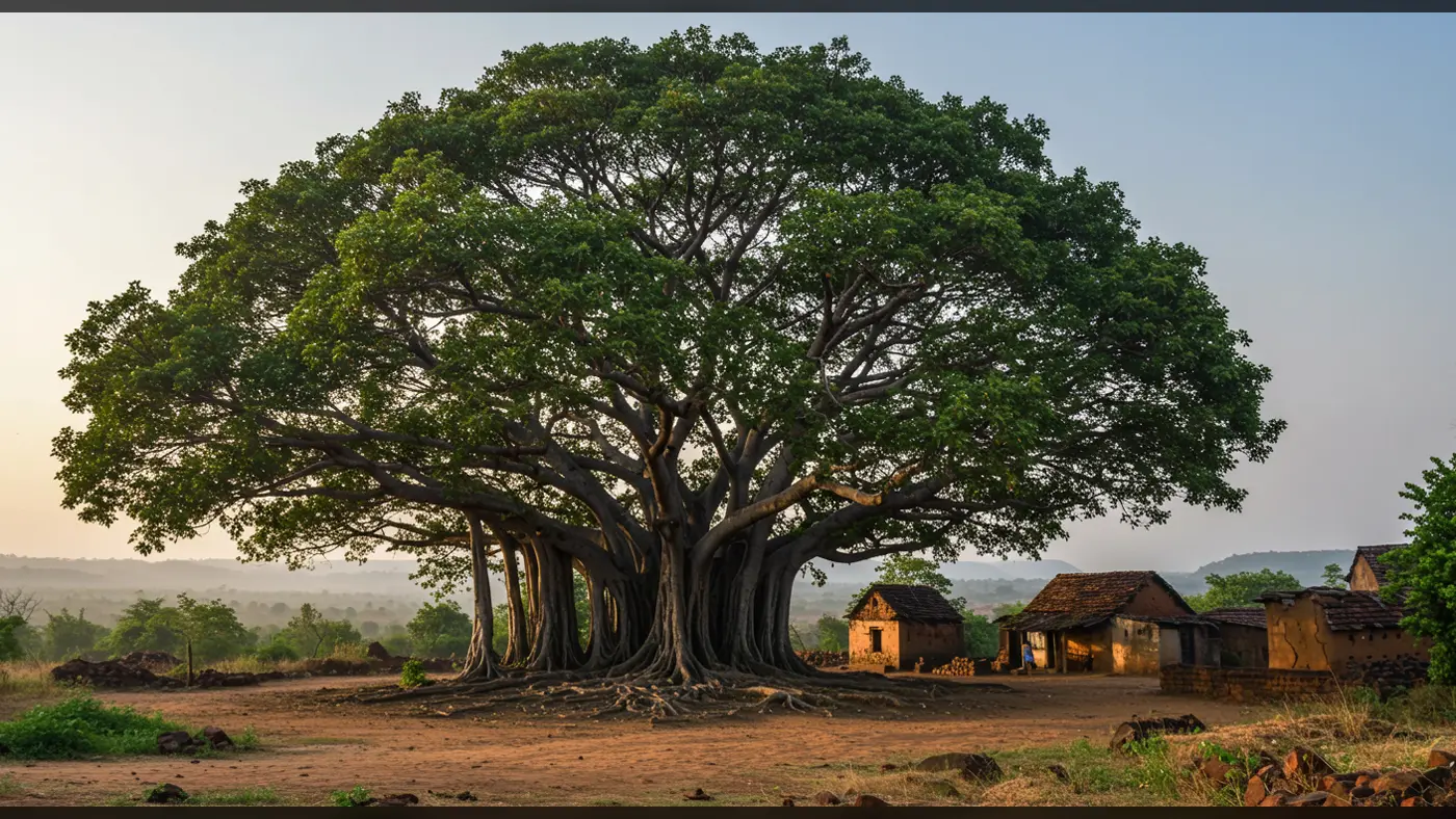 Sacred Banyan Tree in Indian Village – Rural Serenity Landscape