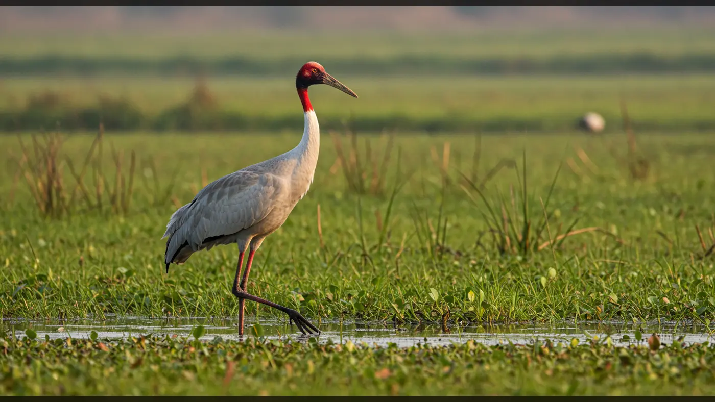 Majestic Sarus Crane Standing in Wetland at Golden Hour