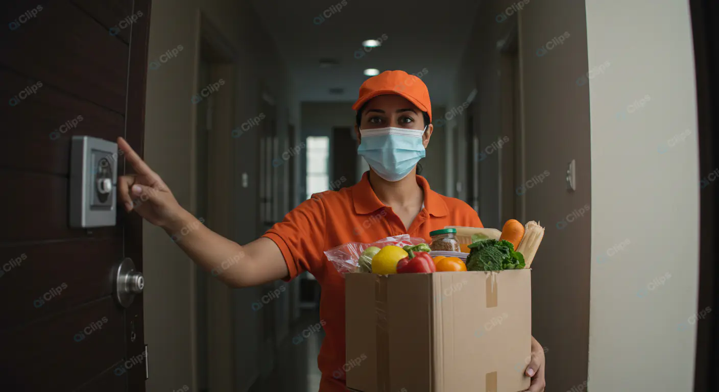 Masked Delivery Worker Ringing Doorbell