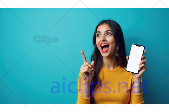 Excited Woman Holding Smartphone with Blank Screen