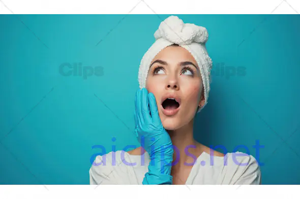 Surprised Woman in Towel Turban with Gloved Hand