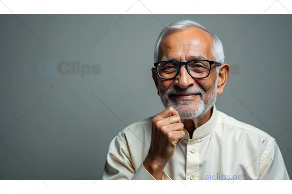 Elderly Indian Man Smiling with Hand on Chin Wearing Traditional Kurta