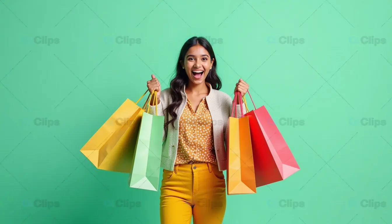 Excited Woman Holding Colorful Shopping Bags on a Green Background