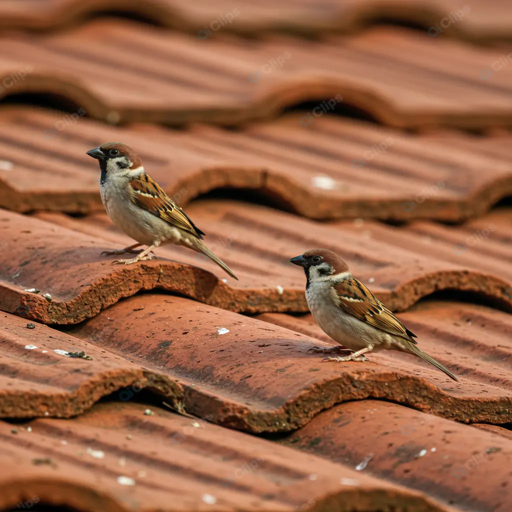 Sparrows on Terracotta Rooftop