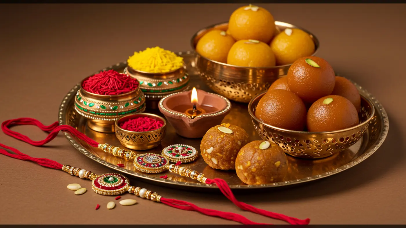 Traditional Raksha Bandhan Thali with Sweets, Rakhis & Diya | AIClips Indian Festival Decor