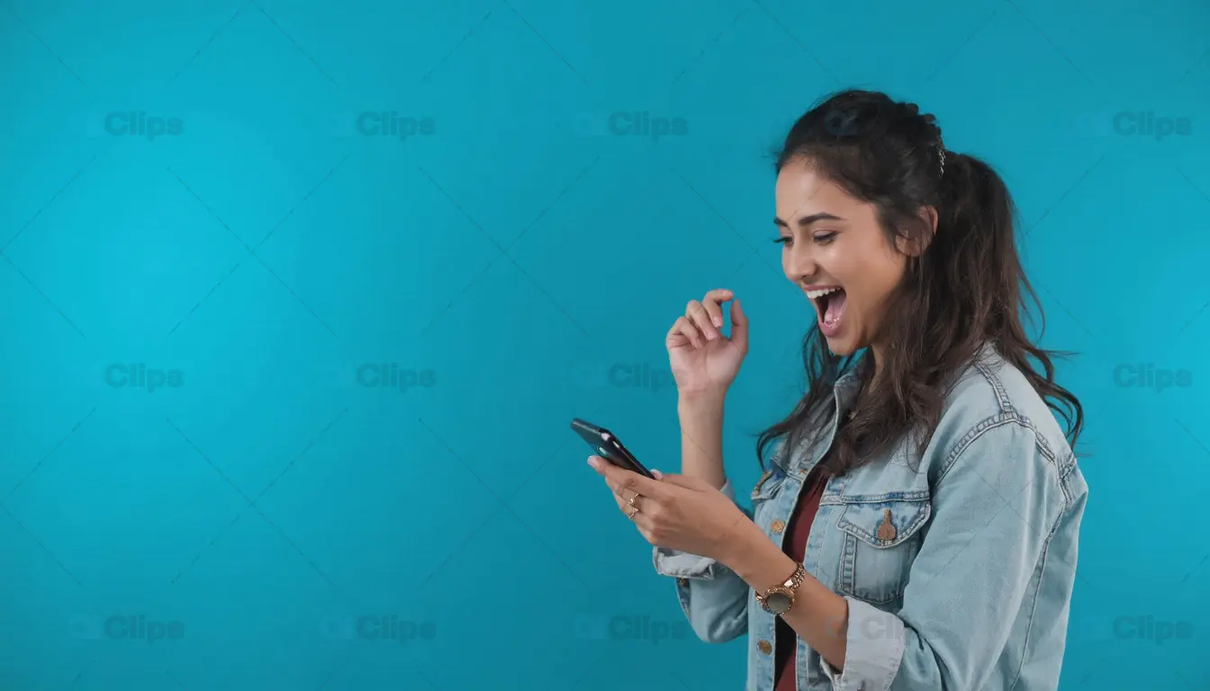 Excited Woman Using Smartphone