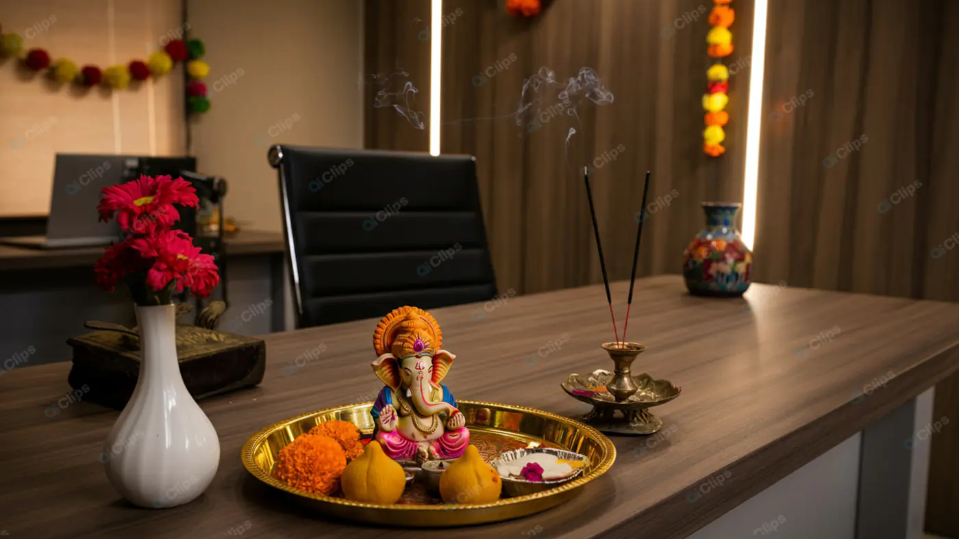 Vibrant Ganesh Puja Home Office Setup