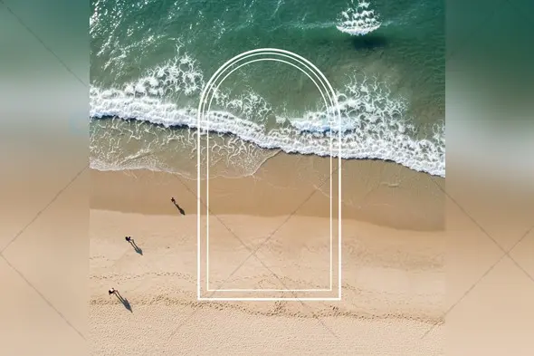 Aerial Beach Scene Mockup with Arch Overlay Design