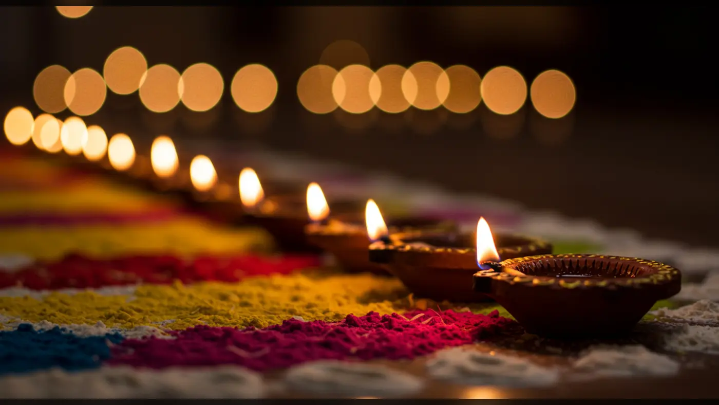 Close-Up Diwali Diyas with Colorful Rangoli and Bokeh Lights | AIClips Indian Festival Visual